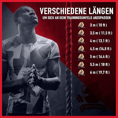 TORO GEAR | 38 Millimeter Juteseil zum Klettern, 3-6 Meter | Kletterseil mit Karabinerhaken und Aufhänger für Crossfit, Fitness, Fitnessstudios und Feuerwehrtraining (38 mm X 6 m)