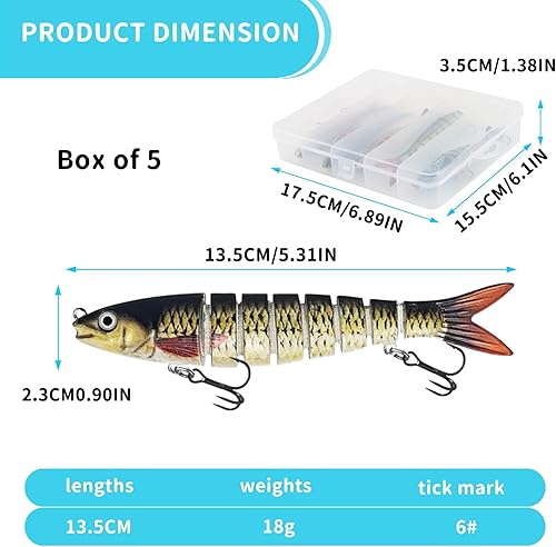 HYran Angelköder, 5 Stück Wobbler Hecht Köder, Barsch Köder, Angelköder für Süßwasser, Swimbait, Jerkbait Hecht mit 2 Drillingshaken und Fischköder Box, für Männer Familien-Angelausrüstung