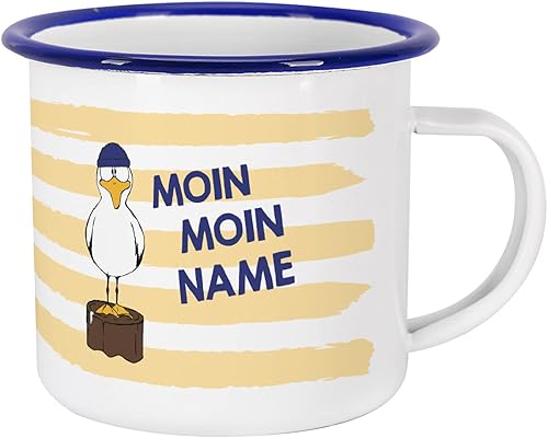 Herz & Heim® Maritime Emaille Tasse mit Namen - Moin Moin