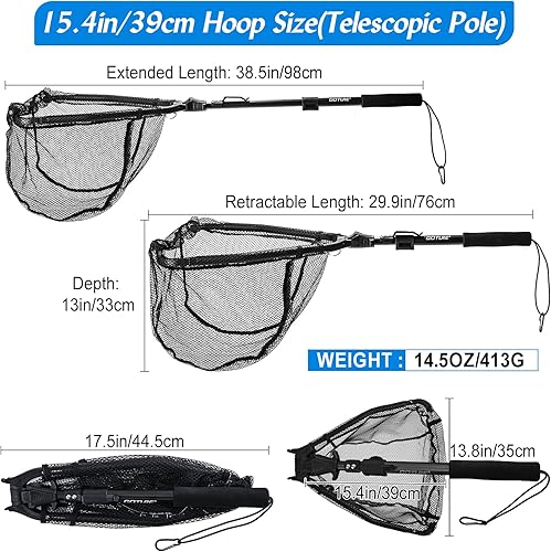 Goture Schwimmendes Fischernetz, Fischernetz mit integrierter Längenskala, Aluminium-Teleskopgriff, Gumminetz, faltbares Fischernetz, einziehbares Fischernetz zum Barschangeln