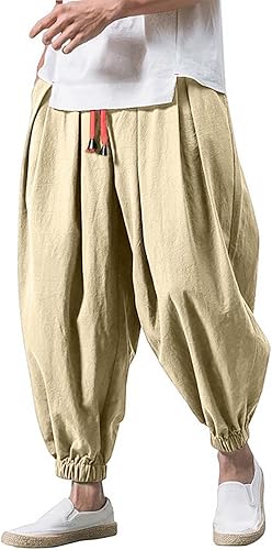 Haremshose Herren Baumwolle Leinen Hose Männer Einfarbige Freizeithose Bequeme Atmungsaktive Pumphose Stretch Sommer Aladinhose Pluderhose Leichte Elastisches Jogging Yoga Sommerhose with Taschen