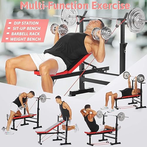 OppsDecor 150 kg 5-in-1 verstellbare olympische Hantelbank Set mit Beinentwickler, Preacher Curl Rack Multifunktions-Bankpresse Set für Ganzkörpertraining (Schwarz)