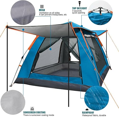 Gziztx Camping Zelt 4-6 Personen Pop Up Zelt Wurfzelt mit 2 Türen und 2 Fenstern, Wasserdicht, Sonnenschutz, Einfach Aufzubauen, für Reisen im Freien, Wandern, Strand, Angeln (240 * 240 * 154CM Blau)