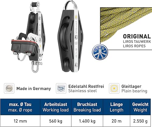 Sprenger Großschot-Talje 12 mm Seilzug I S-Block Gleitlager, Schotklemme – 20 Meter Schot I UV-beständiger Kunststoff und rostfreier Edelstahl I mit wiederverschließbar Aufbewahrungstasche