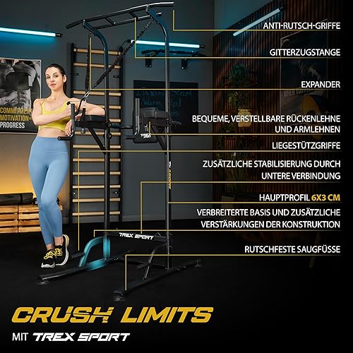 TREX SPORT Power Tower TX-150PR | Dip Station & Klimmzugstange freistehend |Multifunktionaler Kraftturm mit Expandern |Fitness Kraftstation bis 150 kg