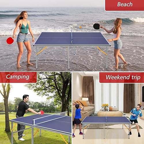 FUNJEPE Mittelgroße Tischtennis-Tische für drinnen und draußen, zusammenklappbar und tragbar, mit Netz, 2 Tischtennisschlägern und 3 Bällen