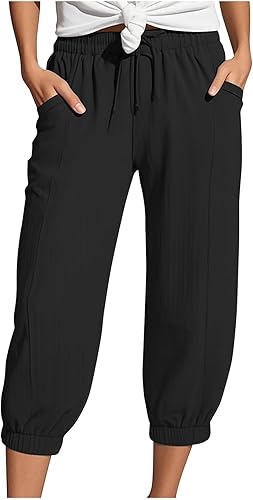 Generisch Musselin Hose Damen 3/4 Sommerhose 2025 High Waist Leichte Stoffhose Atmungsaktives Schnell Trocknend Strandhose Stretch Einfarbig Gerades Bein Caprihose Mit Kordelzug Und Taschen