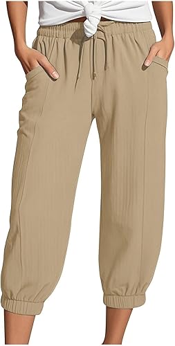 Generisch Musselin Hose Damen 3/4 Sommerhose 2025 High Waist Leichte Stoffhose Atmungsaktives Schnell Trocknend Strandhose Stretch Einfarbig Gerades Bein Caprihose Mit Kordelzug Und Taschen
