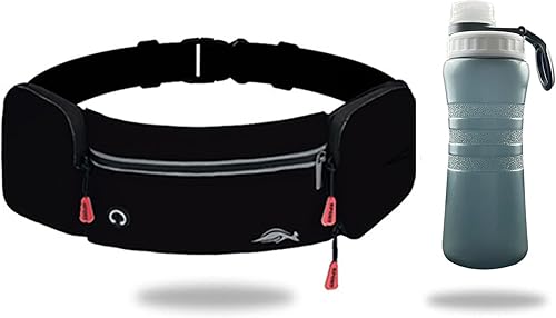 ESTRITH Laufgürtel mit Trinkflasche Groß, Trinkgürtel wasserdichter Flaschenhalter Gürtel für Hand, joggen, Sport, mit reflektierenden Streifen, Schwarz