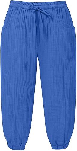 Generisch Musselin Hose Damen 3/4 Sommerhose 2025 High Waist Leichte Stoffhose Atmungsaktives Schnell Trocknend Strandhose Stretch Einfarbig Gerades Bein Caprihose Mit Kordelzug Und Taschen