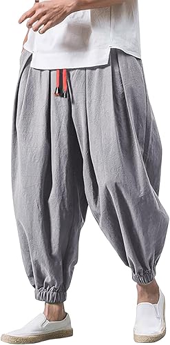 Haremshose Herren Baumwolle Leinen Hose Männer Einfarbige Freizeithose Bequeme Atmungsaktive Pumphose Stretch Sommer Aladinhose Pluderhose Leichte Elastisches Jogging Yoga Sommerhose with Taschen