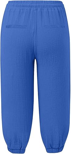 Generisch Musselin Hose Damen 3/4 Sommerhose 2025 High Waist Leichte Stoffhose Atmungsaktives Schnell Trocknend Strandhose Stretch Einfarbig Gerades Bein Caprihose Mit Kordelzug Und Taschen