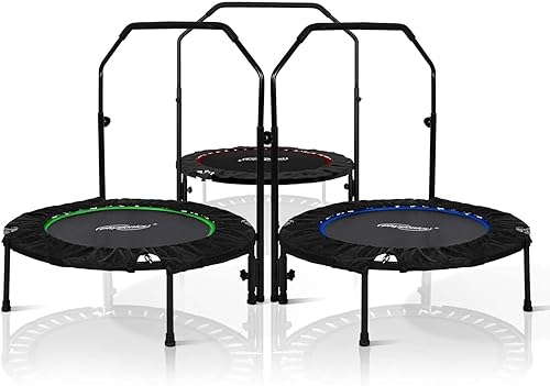 Physionics® Fitness Trampolin - Ø 101cm, höhenverstellbarer Haltegriff, klappbar, 150kg, faltbar, Indoor/Outdoor, Rot/Grün/Blau - Mini-Trampolin, Erwachsene/Kinder, Jumping, Training, Rebounder