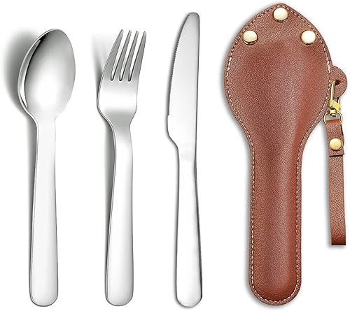 Berglander tragbares Camping Besteck Set 3-teiliges mit Lederbeutel leicht in der Tasche zu tragen, Edelstahlmesser, Löffel und Gabel Set perfekt für Schule, Arbeit, Bauernhof, Picknick, Reisen