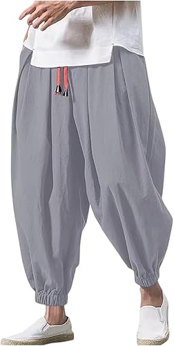 Haremshose Herren Baumwolle Leinen Hose Männer Einfarbige Freizeithose Bequeme Atmungsaktive Pumphose Stretch Sommer Aladinhose Pluderhose Leichte Elastisches Jogging Yoga Sommerhose with Taschen