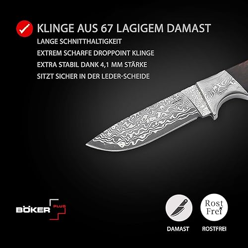 BÖKER PLUS® M-One Damast Jagdmesser - edles Damastmesser mit feststehender Klinge & Leder-Scheide - Fahrtenmesser mit Eben-Holz Griff - Damaszener Outdoor Messer in Geschenk-Box