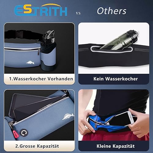 ESTRITH Laufgürtel mit Trinkflasche Groß, Trinkgürtel wasserdichter Flaschenhalter Gürtel für Hand, joggen, Sport, mit reflektierenden Streifen, Schwarz