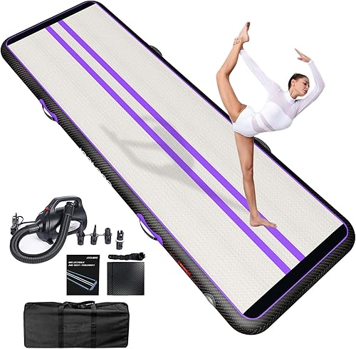 JOOLOOG Aufblasbare Gymnastikmatte, 3 m x 1 m, 10 cm dick mit 650 W elektrischer Pumpe, Lila Schwarz, für Cheerleading-Praxis, Heimgebrauch