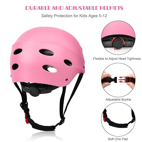 SAMIT Knieschoner Kinder 7 in 1 Set mit Skaterhelm, Inliner Schützer für Kinder Verstellbare Kinder Schutzausrüstung Set (5-12 Jahre) für Skateboard Rollschuhe Scooter Sport Hellrosa+Grau