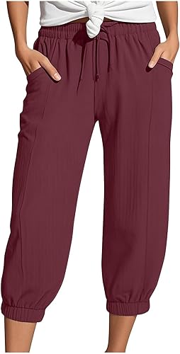 Generisch Musselin Hose Damen 3/4 Sommerhose 2025 High Waist Leichte Stoffhose Atmungsaktives Schnell Trocknend Strandhose Stretch Einfarbig Gerades Bein Caprihose Mit Kordelzug Und Taschen