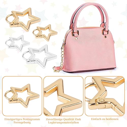 4 Stück Sternkarabiner,Robuster Mini-Sternförmiger Schlüsselanhänger Clip aus Zinklegierung,Coole Sternförmiger Karabinerclip,Karabiner Clip für Camping,Wandern,Angeln,Reisen (Gold,Silber)