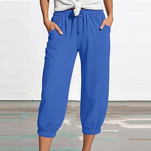 Generisch Musselin Hose Damen 3/4 Sommerhose 2025 High Waist Leichte Stoffhose Atmungsaktives Schnell Trocknend Strandhose Stretch Einfarbig Gerades Bein Caprihose Mit Kordelzug Und Taschen