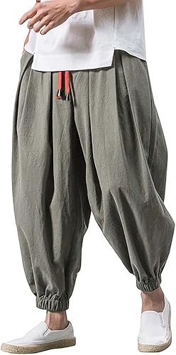 Haremshose Herren Baumwolle Leinen Hose Männer Einfarbige Freizeithose Bequeme Atmungsaktive Pumphose Stretch Sommer Aladinhose Pluderhose Leichte Elastisches Jogging Yoga Sommerhose with Taschen
