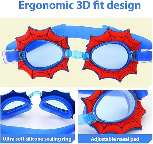 EIROVYA Schwimmbrille, Kinderschwimmbrille mit Anti-Fog-Linse, wasserdichte Schwimmbrille, weiche Silikon-Schwimmbrille, Spinne, 1 Stück