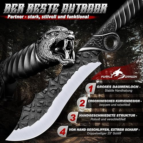 Purple Dragon Outdoor Messer Großes - 5mm Klingenrücken, Survival Messer aus Manganstahl, Full Tang Machete mit Zinklegierungs-Griff und Scheide, Ideal für Holz hacken, Geschenk für Männer, Schwarz