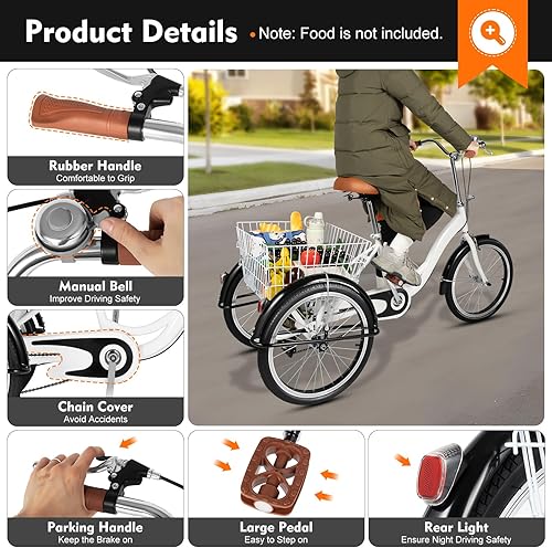 BJTDLLX 20 Zoll Dreirad für Erwachsene Deluxe 3-Räder Fahrrad Weiß 1-Gänge Menschen Dreirad City Tricycle mit Einkaufskorb