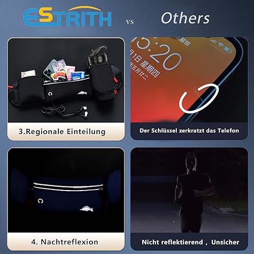 ESTRITH Laufgürtel mit Trinkflasche Groß, Trinkgürtel wasserdichter Flaschenhalter Gürtel für Hand, joggen, Sport, mit reflektierenden Streifen, Schwarz