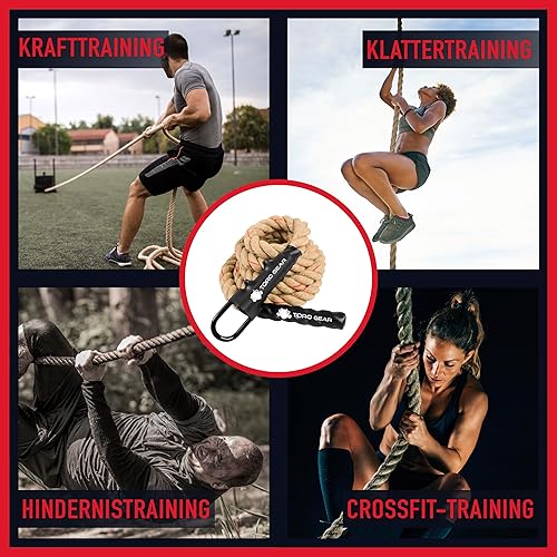 TORO GEAR | 38 Millimeter Juteseil zum Klettern, 3-6 Meter | Kletterseil mit Karabinerhaken und Aufhänger für Crossfit, Fitness, Fitnessstudios und Feuerwehrtraining (38 mm X 6 m)
