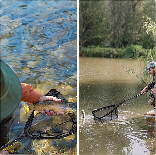 Goture Schwimmendes Fischernetz, Fischernetz mit integrierter Längenskala, Aluminium-Teleskopgriff, Gumminetz, faltbares Fischernetz, einziehbares Fischernetz zum Barschangeln