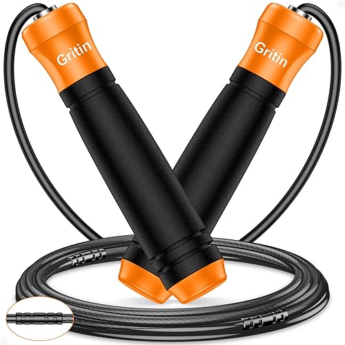 Gritin Springseil, Speed Rope Verstellbar mit Rutschfest & Ergonomisch Griffe, 3 Meter Länge Einstellbar Seil mit Skalenmarkierung, für Fitness & Ausdauer & Seilspringen, inkl. Längenversteller