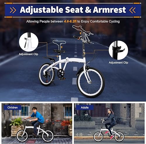 20 Zoll Klapprad Fahrräder, 6 Gang Faltbares Stadtrad Für Erwachsene, Höhenverstellbares Camping Bike Mit Verstellbare, Fahrrad Erwachsene Bis Tragfähigkeit 90KG Weiß