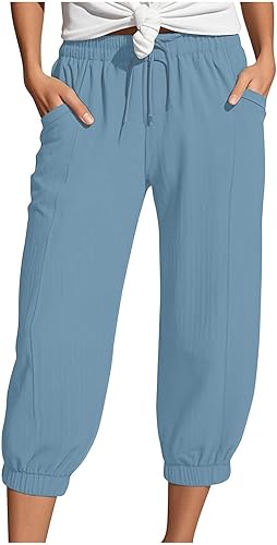 Generisch Musselin Hose Damen 3/4 Sommerhose 2025 High Waist Leichte Stoffhose Atmungsaktives Schnell Trocknend Strandhose Stretch Einfarbig Gerades Bein Caprihose Mit Kordelzug Und Taschen