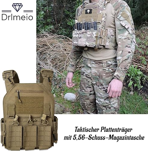 Drlmeio Taktischer Plattenträger 1000D Nylon mit 556 Magazintasche, Taktische Weste, Schnellverschluss-System Airsoft Weste, Verstellbarer MOLLE Platten Träger, Atmungsaktive Paintball Weste