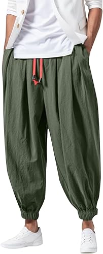 Haremshose Herren Baumwolle Leinen Hose Männer Einfarbige Freizeithose Bequeme Atmungsaktive Pumphose Stretch Sommer Aladinhose Pluderhose Leichte Elastisches Jogging Yoga Sommerhose with Taschen