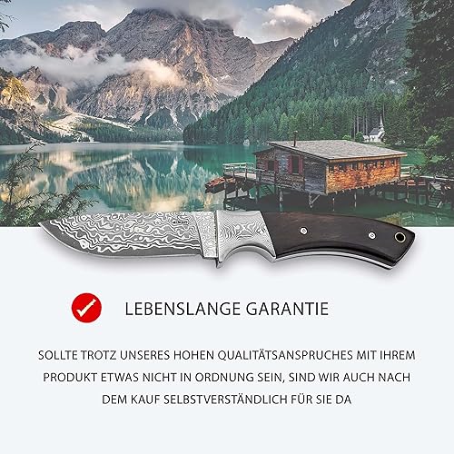 BÖKER PLUS® M-One Damast Jagdmesser - edles Damastmesser mit feststehender Klinge & Leder-Scheide - Fahrtenmesser mit Eben-Holz Griff - Damaszener Outdoor Messer in Geschenk-Box
