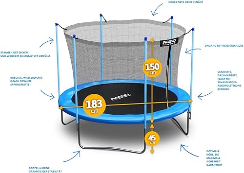 Trampolin 183 cm 6 ft mit Sicherheitsnetz Innennetz und Einstiegsleiter Neo-Sport PRO Gartentrampolin