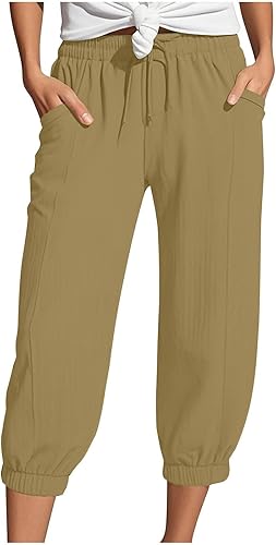 Generisch Musselin Hose Damen 3/4 Sommerhose 2025 High Waist Leichte Stoffhose Atmungsaktives Schnell Trocknend Strandhose Stretch Einfarbig Gerades Bein Caprihose Mit Kordelzug Und Taschen