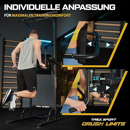 TREX SPORT Power Tower TX-150PR | Dip Station & Klimmzugstange freistehend |Multifunktionaler Kraftturm mit Expandern |Fitness Kraftstation bis 150 kg