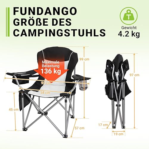 FUNDANGO Campingstuhl Faltbar Klappstuhl Camping Gepolstert mit Getränkehalter Kühltasche Camping Stuhl Sessel Hochlehner Verstellbarer Rückenlehne Gartenstuhl Anglerstuhl