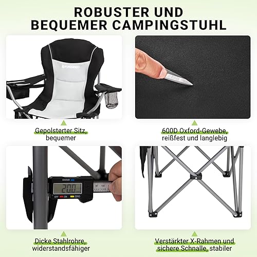 FUNDANGO Campingstuhl Faltbar Klappstuhl Camping Gepolstert mit Getränkehalter Kühltasche Camping Stuhl Sessel Hochlehner Verstellbarer Rückenlehne Gartenstuhl Anglerstuhl