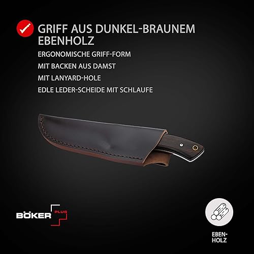 BÖKER PLUS® M-One Damast Jagdmesser - edles Damastmesser mit feststehender Klinge & Leder-Scheide - Fahrtenmesser mit Eben-Holz Griff - Damaszener Outdoor Messer in Geschenk-Box