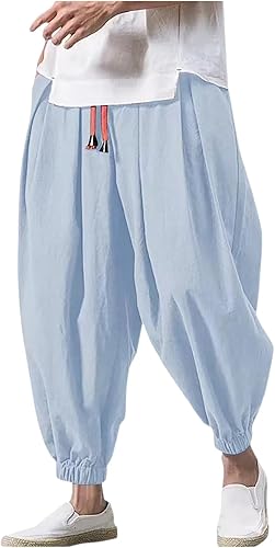 Haremshose Herren Baumwolle Leinen Hose Männer Einfarbige Freizeithose Bequeme Atmungsaktive Pumphose Stretch Sommer Aladinhose Pluderhose Leichte Elastisches Jogging Yoga Sommerhose with Taschen