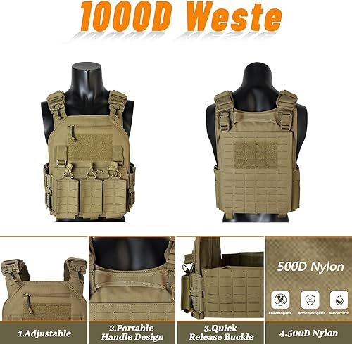 Drlmeio Taktischer Plattenträger 1000D Nylon mit 556 Magazintasche, Taktische Weste, Schnellverschluss-System Airsoft Weste, Verstellbarer MOLLE Platten Träger, Atmungsaktive Paintball Weste