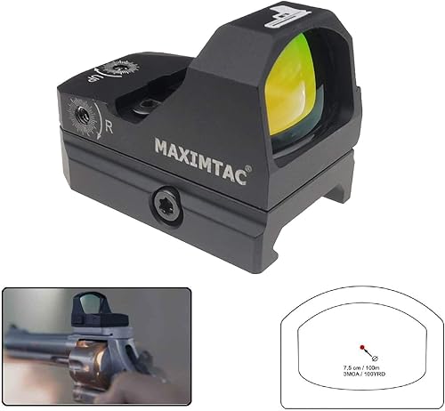 Maximtac Mini Reflexvisier/Red-Dot 2 mit 8 Lichtstufen + Nachtmodus Rotpunktvisier für Kurzwaffen, Langwaffen, Großkaliber geeignet