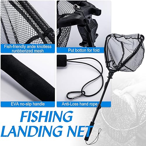 Goture Schwimmendes Fischernetz, Fischernetz mit integrierter Längenskala, Aluminium-Teleskopgriff, Gumminetz, faltbares Fischernetz, einziehbares Fischernetz zum Barschangeln