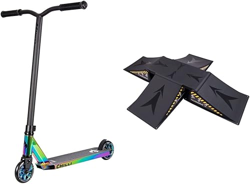Chilli Scooter Rocky neochrome Stuntscooter | ideal & HUDORA Skater Rampe 5-teilig - Skateboard Rampe - Inline Skates Rampe - Outdoor/Indoor - Skaterrampe Set